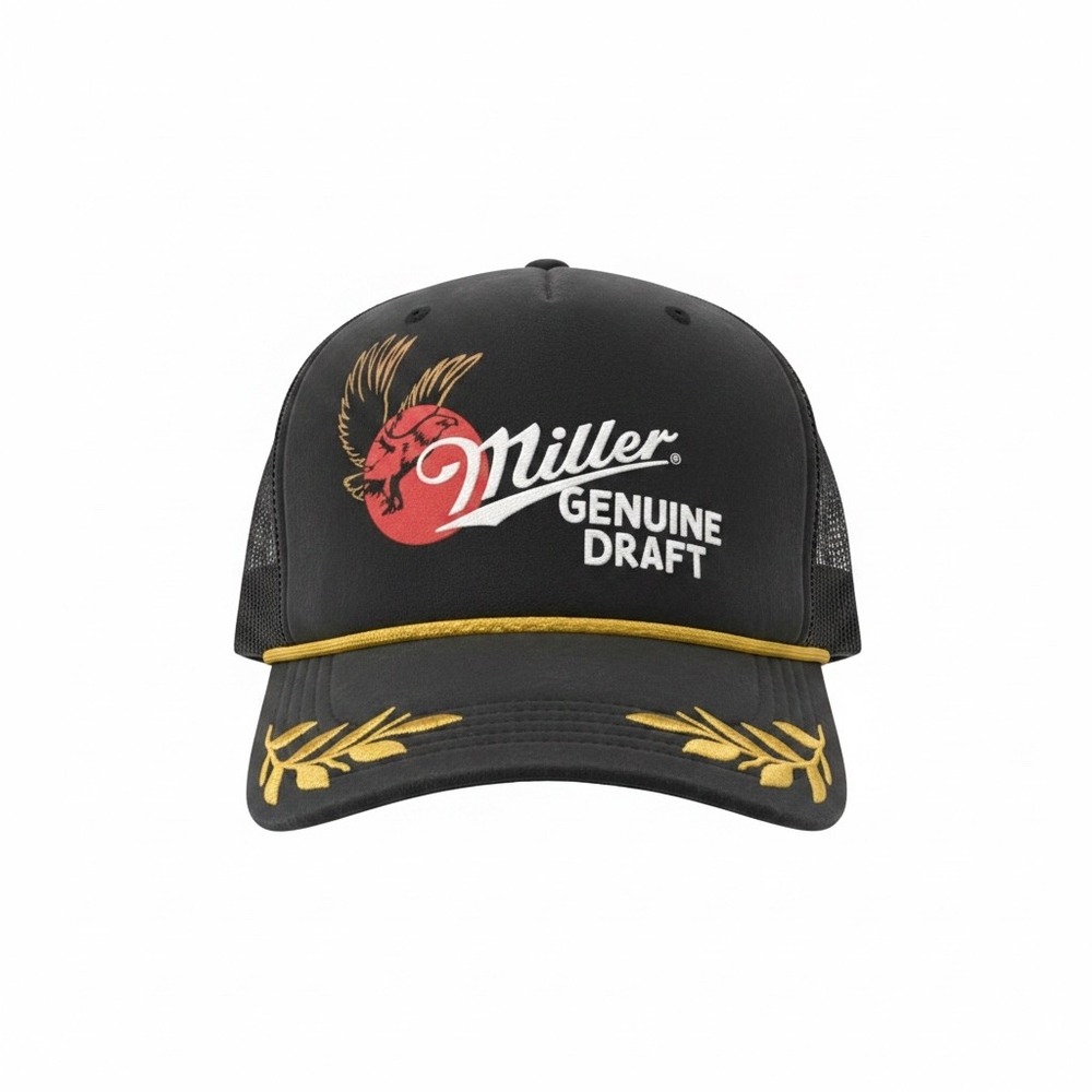 Miller Genuine Draft Trucker Hat Mad Engine Black Gold Laurel Snapback Cap